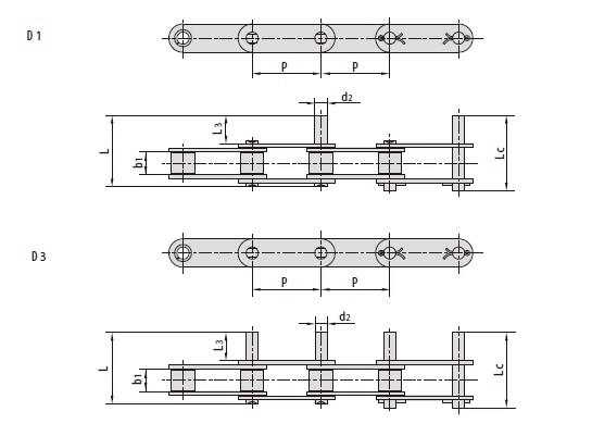 Double pitch conveyor chains with extended pins