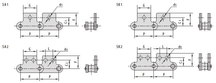 Double pitch conveyor chain attachments