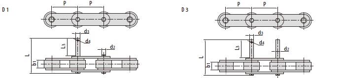 Double pitch conveyor chains with extended pins