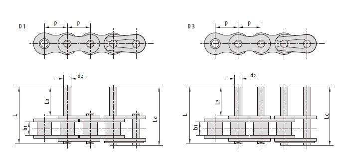 Stainless steel short pitch conveyor chains with extended pins