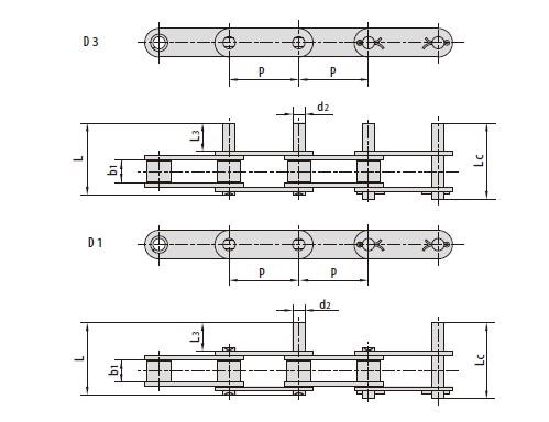 Stainless steel double pitch conveyor chains with extended pins